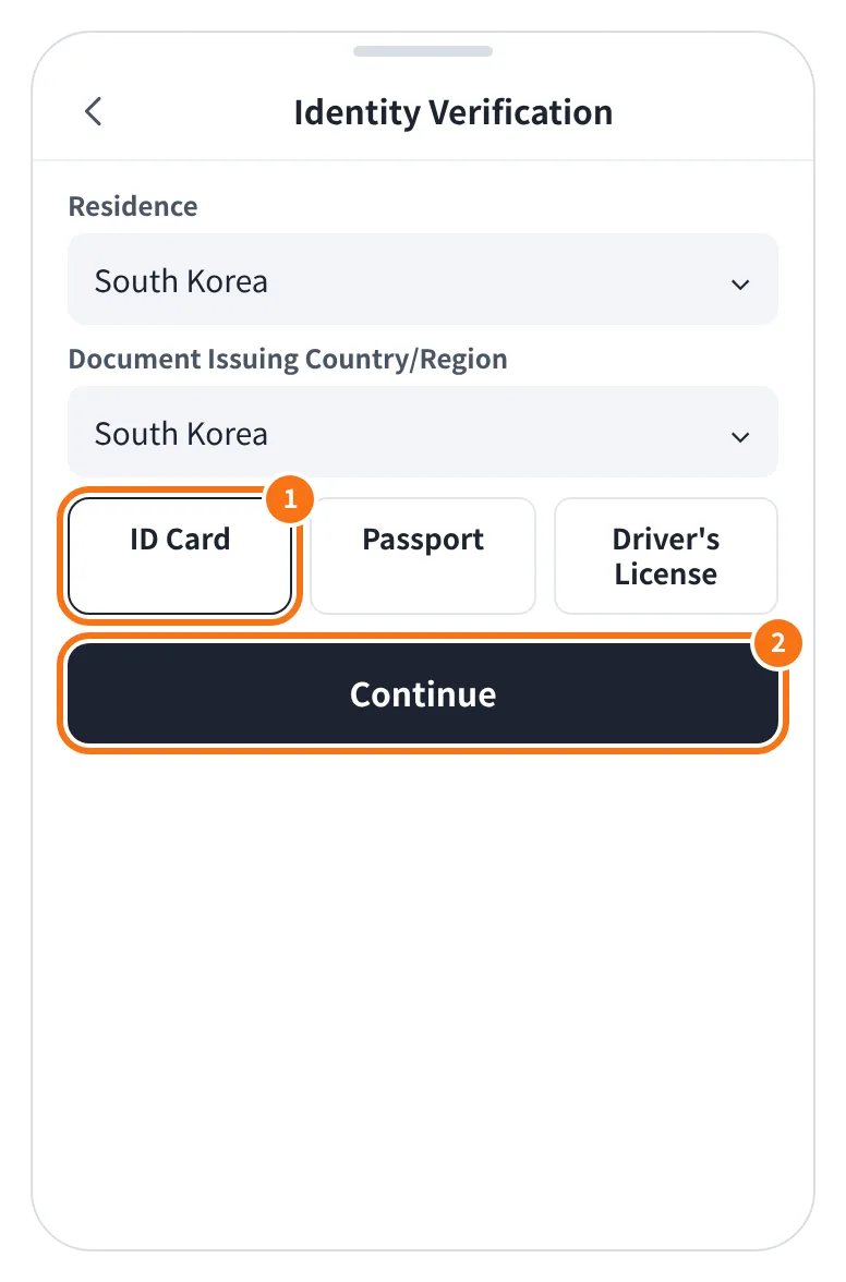 예시 화면: 거주 국가와 신분증 발급 국가를 고르고, 신분증 종류(ID Card·Passport·Driver's License) 중 하나를 고른 뒤 Continue 를 누르는 모습