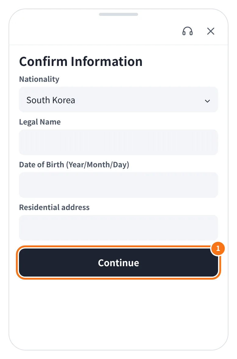 예시 화면: Confirm Information 화면에서 국적·이름·생년월일·주소가 신분증과 같은지 확인하고 Continue 를 누르는 모습