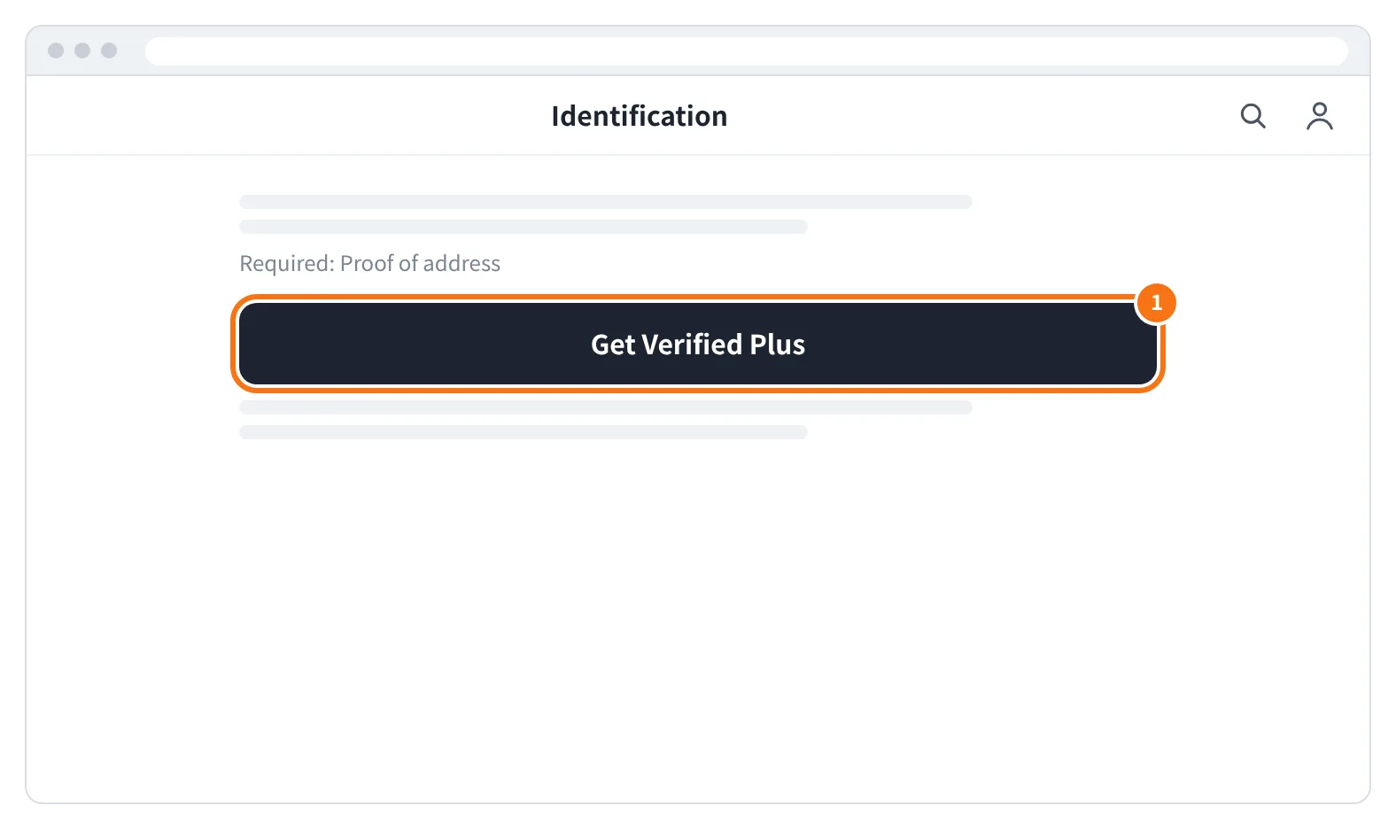 예시 화면: 프로필 → Account → Identification 화면에서 주소 증명(Proof of address) 안내 아래 Get Verified Plus 를 누르는 모습