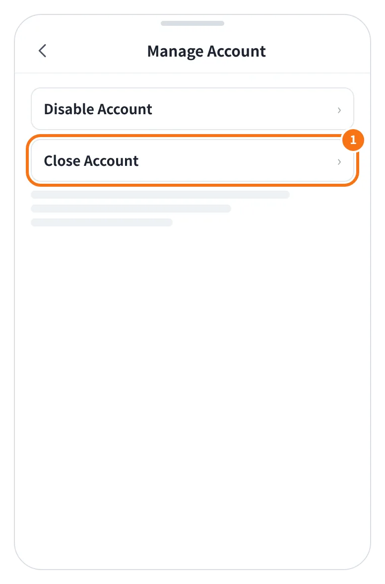예시 화면: 보안(Security) 화면 아래쪽 Manage Account 에 들어가 Close Account 를 누르는 모습