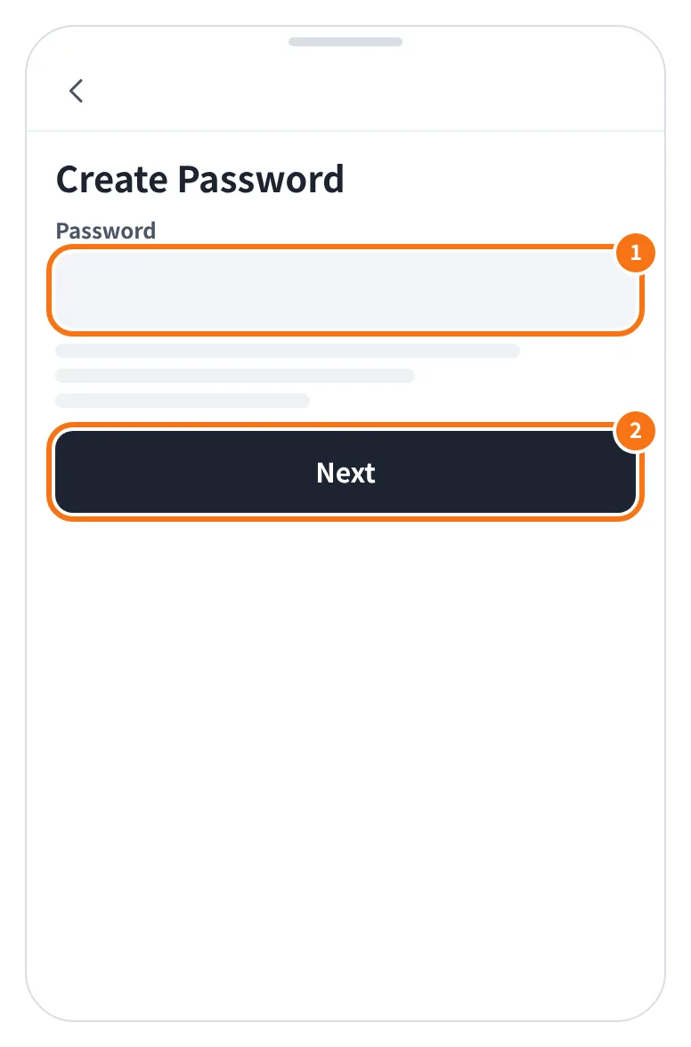 예시 화면: Password 칸에 비밀번호를 만들어 넣고 Next 를 누르는 모습