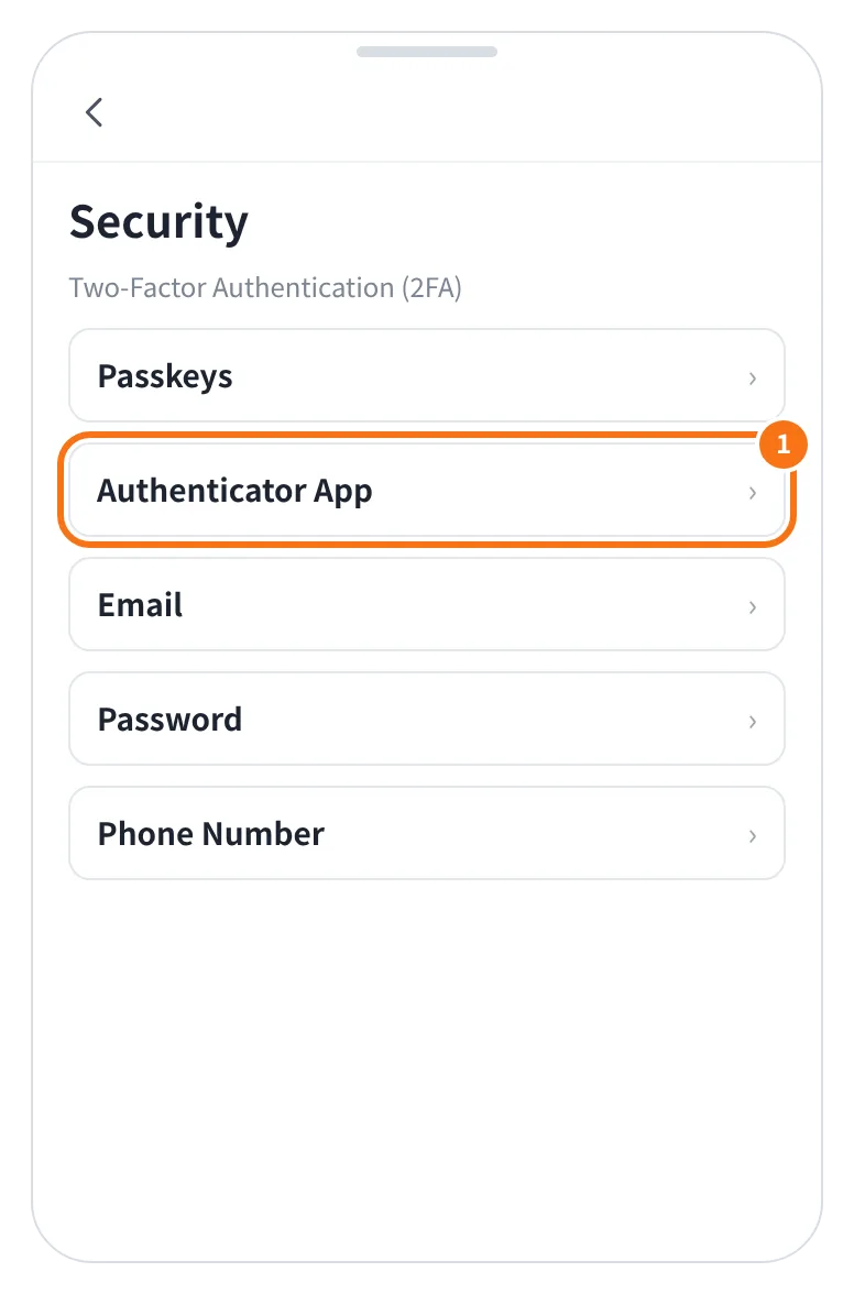 예시 화면: Account 에서 들어간 Security 화면의 2단계 인증 목록에서 Authenticator App 을 누르는 모습 (다음 화면에서 Enable 을 누른다)