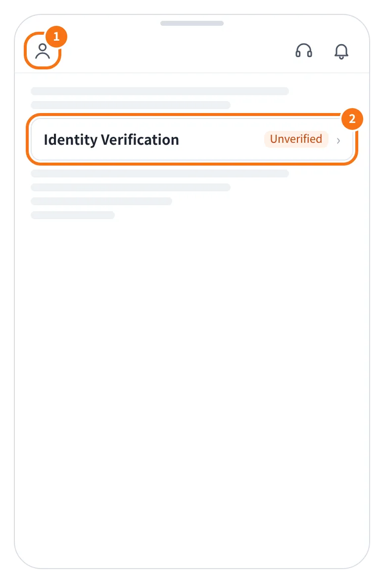 예시 화면: 앱 왼쪽 위 아바타를 누른 뒤 옆 메뉴에서 Identity Verification 을 누르는 모습