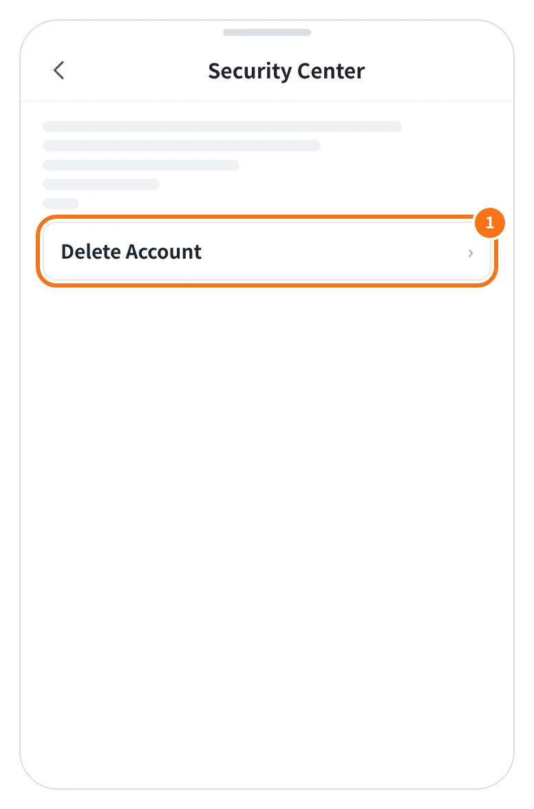 예시 화면: 프로필 아이콘 → Security Center 화면 맨 아래의 Delete Account 를 누르는 모습