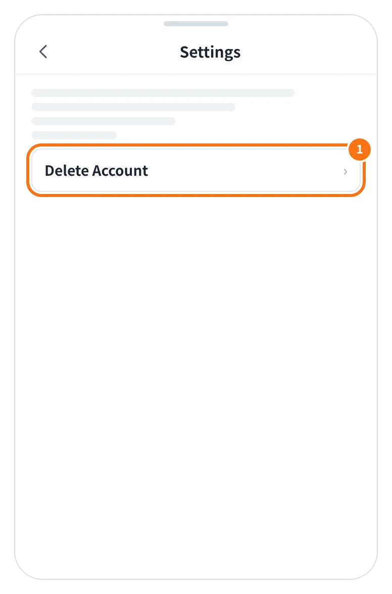 예시 화면: 앱의 프로필 설정 화면에서 Delete Account 를 누르는 모습