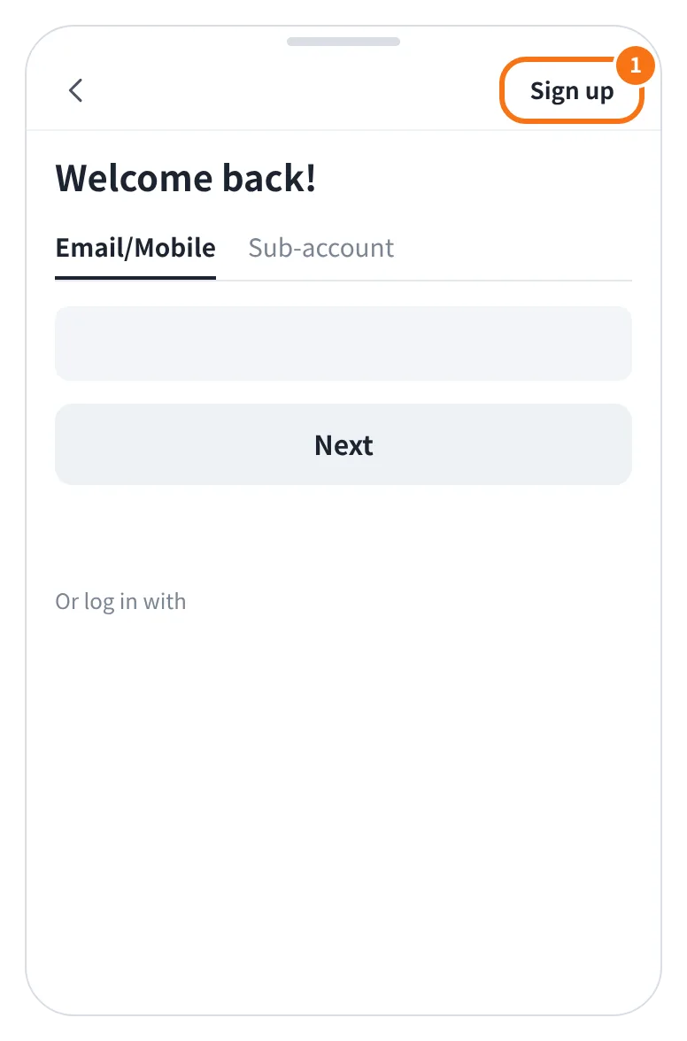 예시 화면: 첫 화면에서 Get started 를 누르면 나오는 로그인 화면(Welcome back!)의 오른쪽 위 Sign up 을 누르는 모습