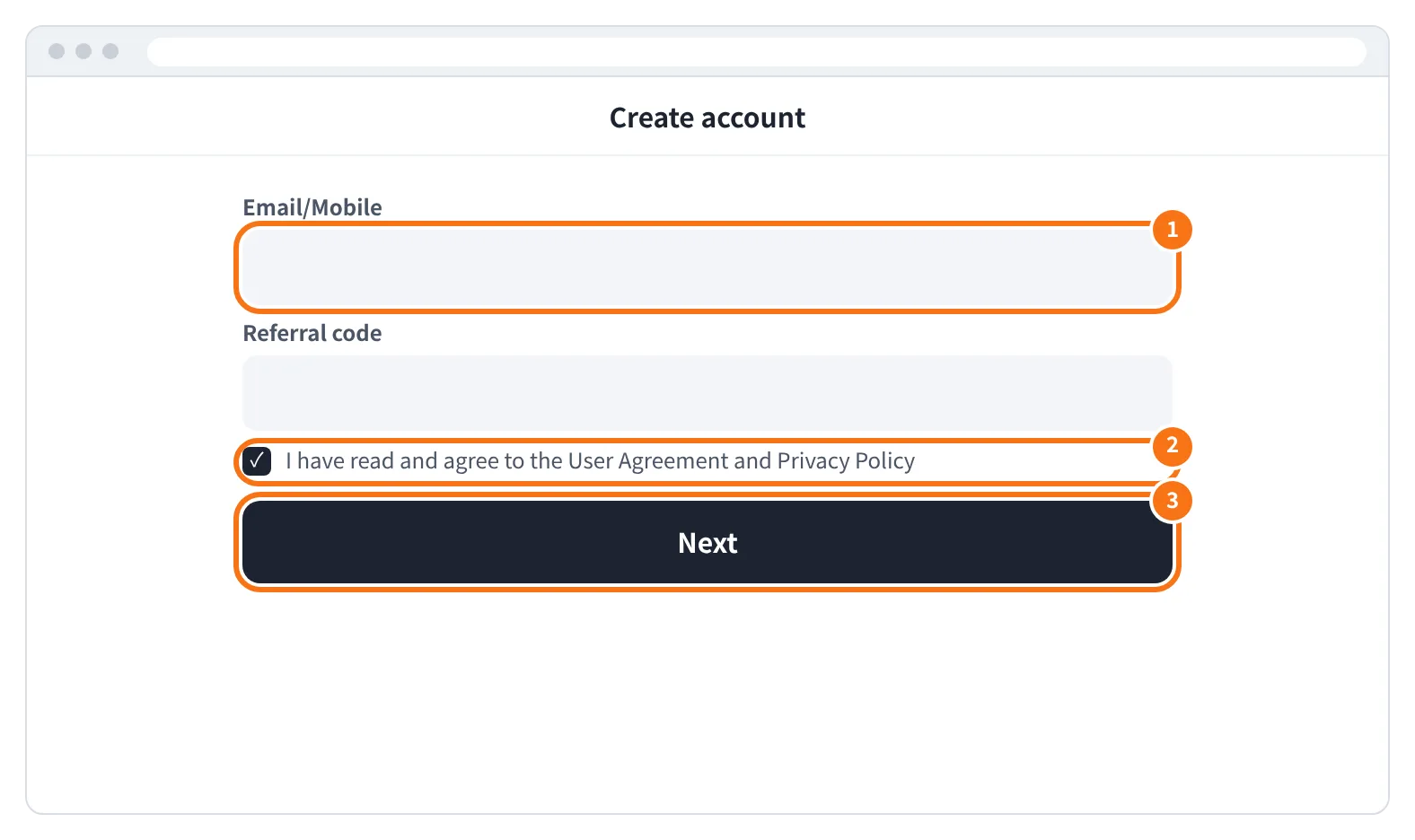 예시 화면: Create account 화면에서 Email/Mobile 칸 하나에 이메일이나 휴대폰 번호를 넣고, Referral code 칸을 확인한 뒤 약관에 체크하고 Next 를 누르는 모습