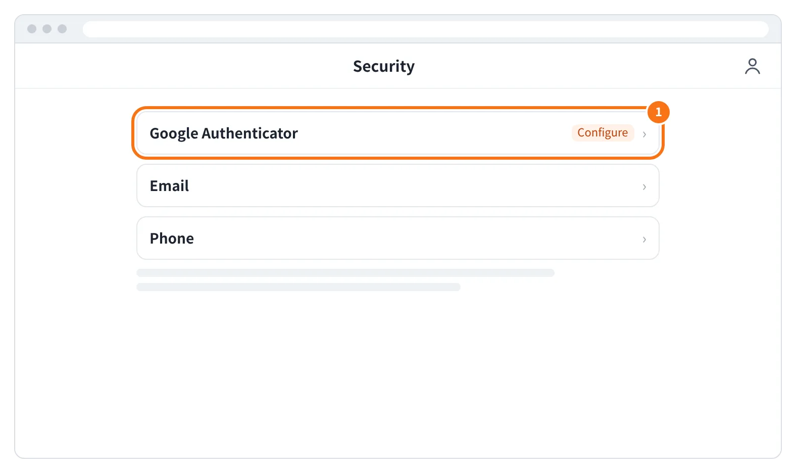 예시 화면: Security 화면에서 Google Authenticator 옆 Configure 를 누르는 모습