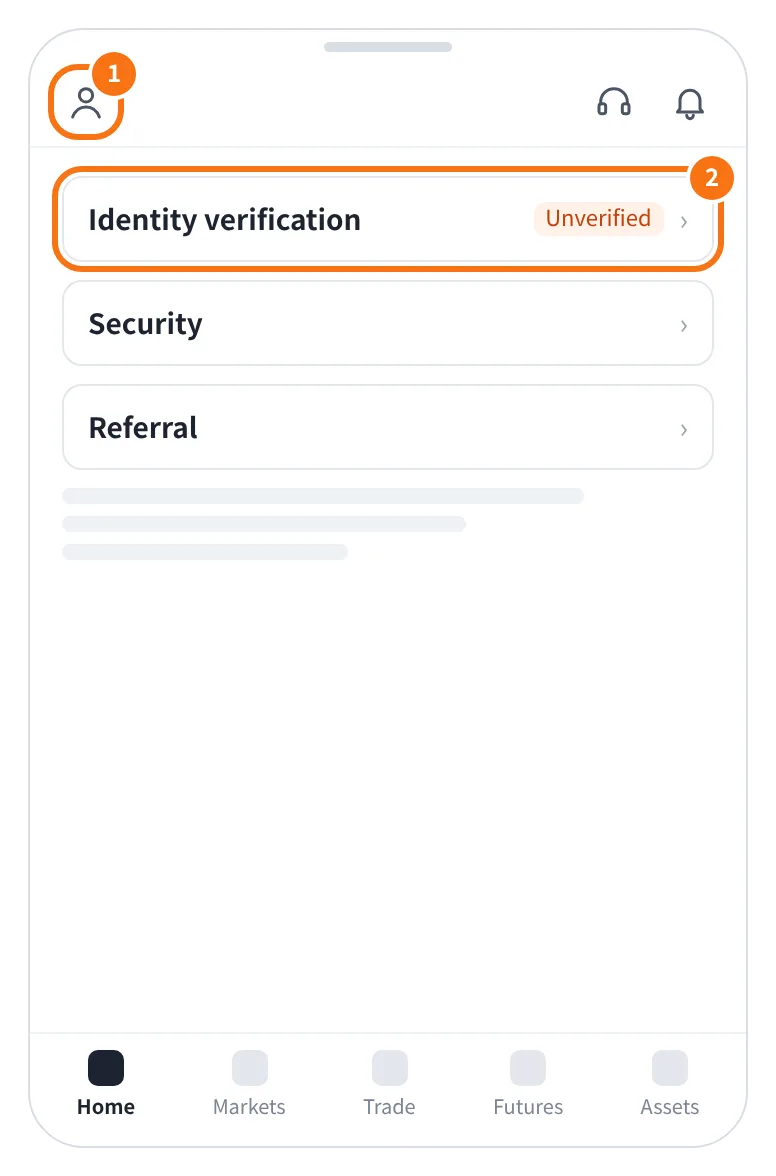 예시 화면: 앱 첫 화면 왼쪽 위 프로필 아이콘을 누른 뒤 Identity verification 을 누르는 모습