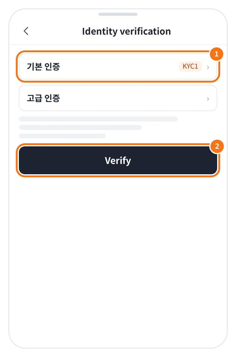 예시 화면: Identity verification 화면에서 기본 인증을 고르고 Verify 를 누르는 모습