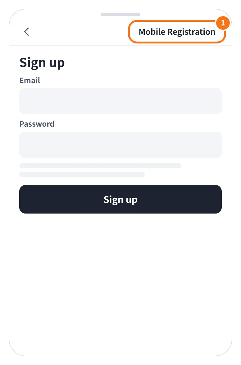 예시 화면: 앱 가입 화면(기본은 이메일)에서 휴대폰으로 가입하려면 오른쪽 위 Mobile Registration 을 누르는 모습