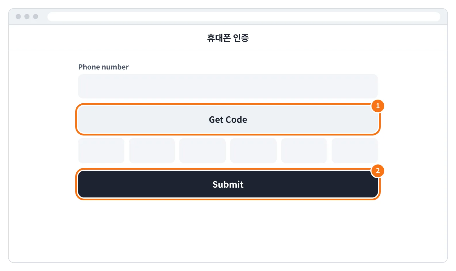 예시 화면: 휴대폰 인증 화면에서 번호를 넣고 Get Code 를 누른 뒤 받은 6자리 코드를 넣는 모습