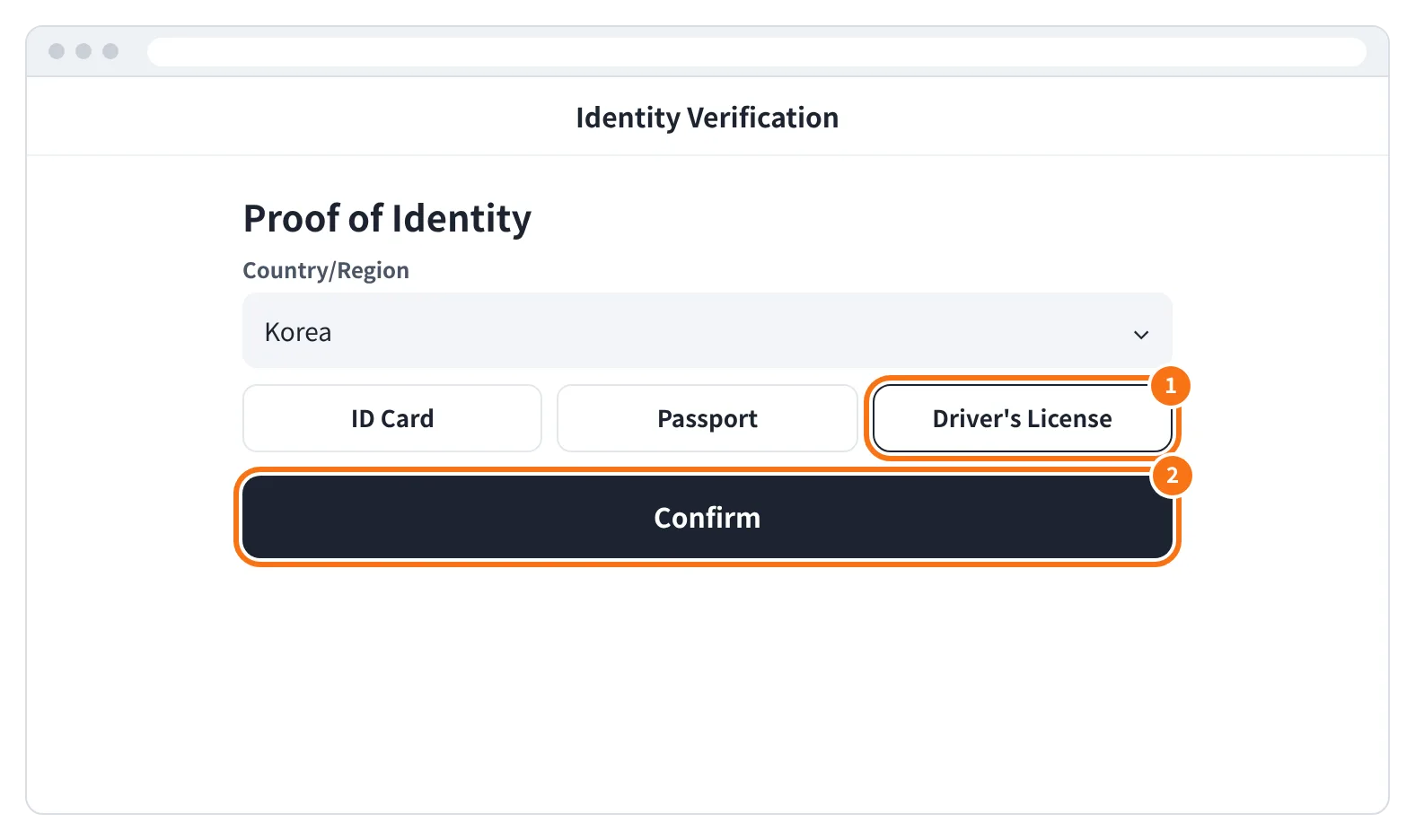 예시 화면: Proof of Identity 에서 발급 국가를 확인하고 신분증 종류(ID Card·Passport·Driver's License)를 고른 뒤 Confirm 을 누르는 모습
