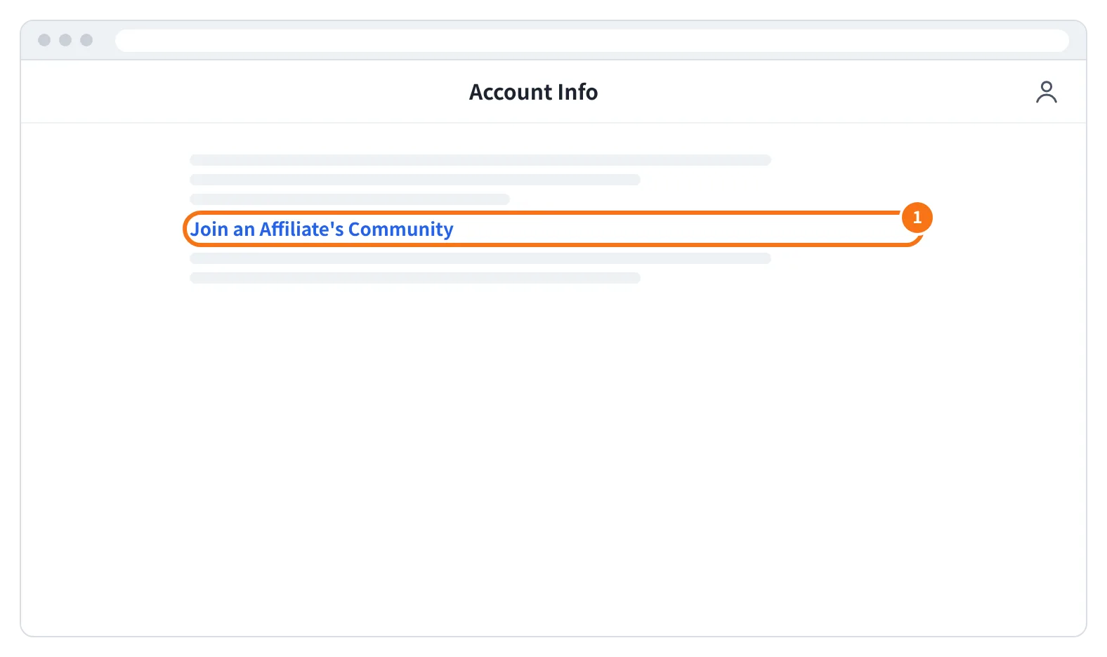 예시 화면: Account Info 화면에서 Join an Affiliate's Community 를 누르는 모습