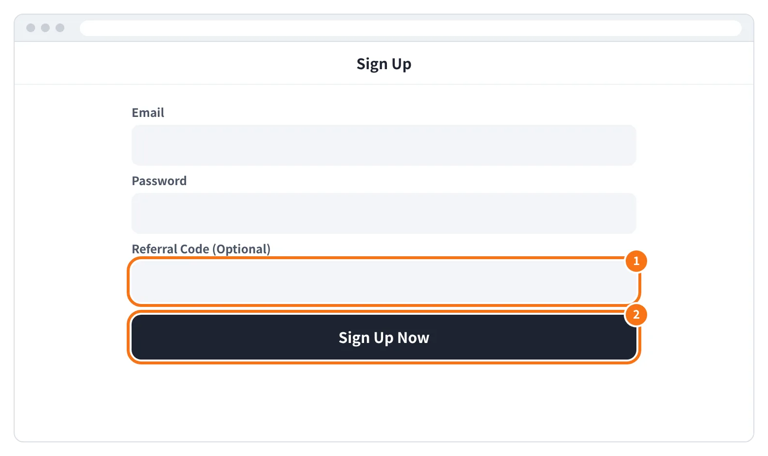 예시 화면: Referral Code (Optional) 칸에 코드가 들어 있는지 확인하고 Sign Up Now 를 누르는 모습