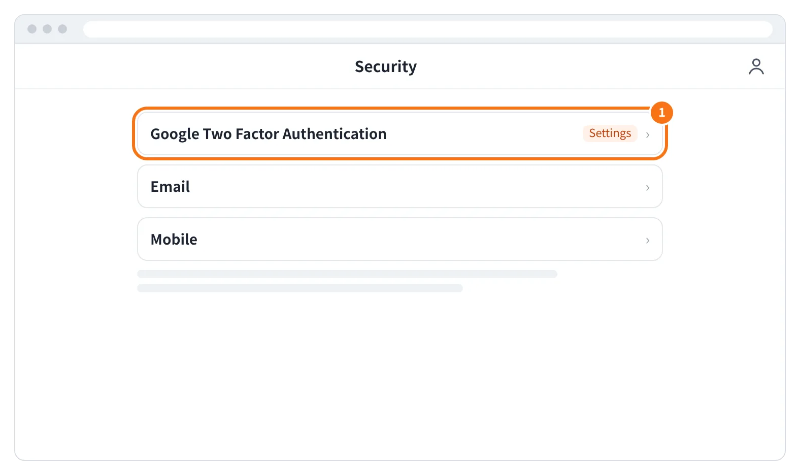 예시 화면: Account 의 Security 화면에서 Google Two Factor Authentication 옆 Settings 를 누르는 모습