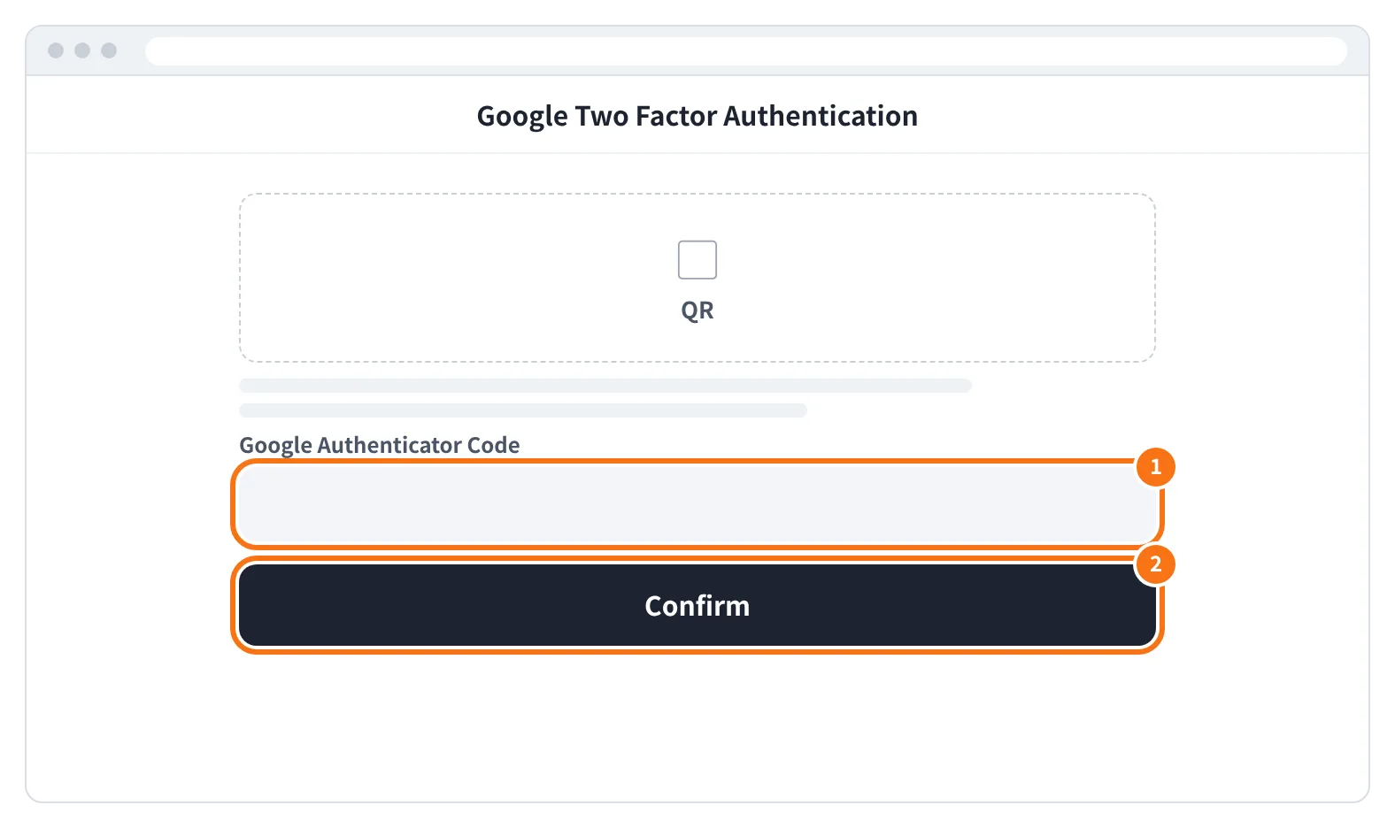 예시 화면: OTP 앱으로 QR 을 찍은 뒤 Google Authenticator Code 칸에 6자리를 넣고 Confirm 을 누르는 모습