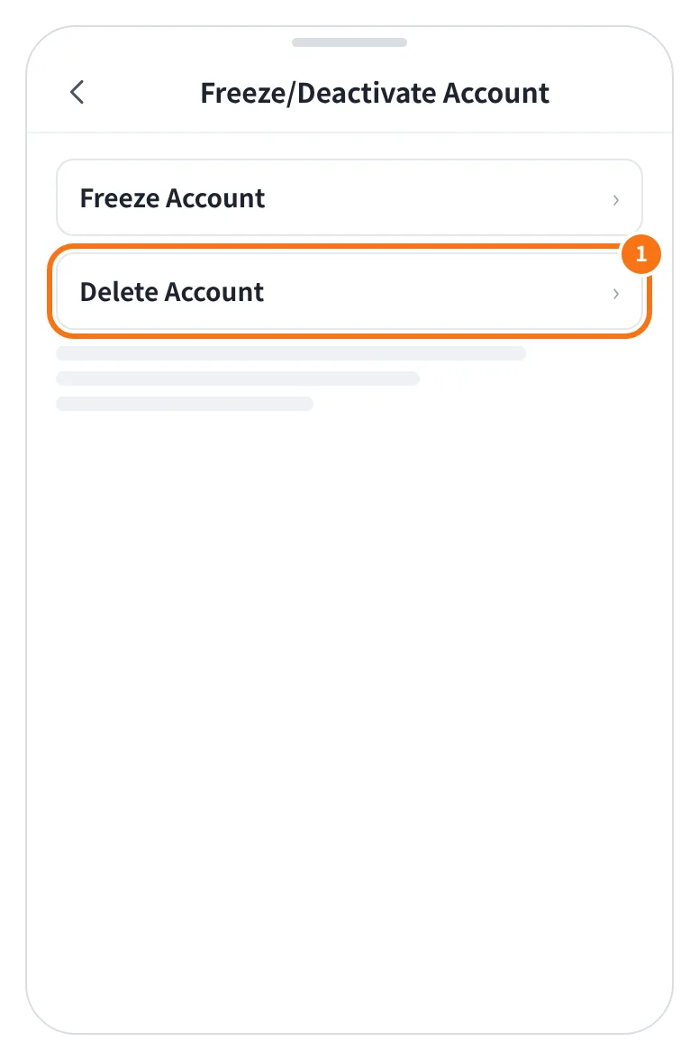 예시 화면: Account Management 에서 열리는 Freeze/Deactivate Account 화면에서 Delete Account 를 누르는 모습