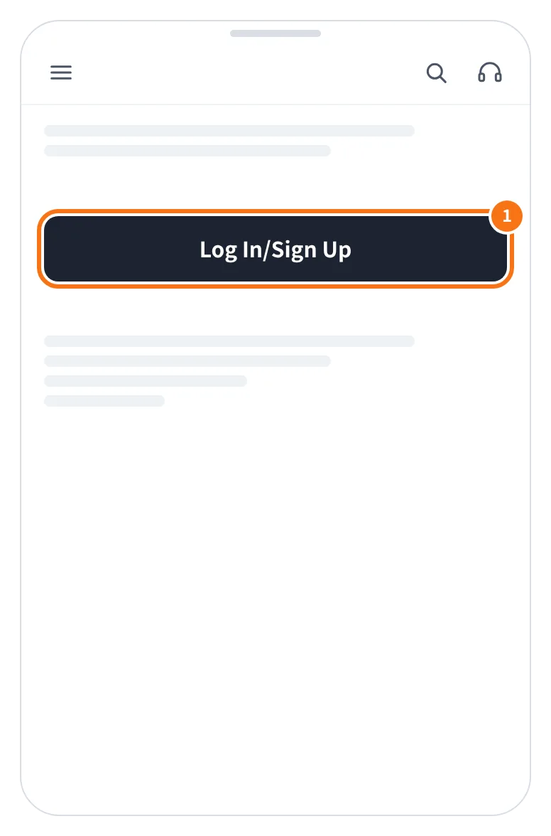 예시 화면: 앱 첫 화면 가운데 Log In/Sign Up 을 누르는 모습 (다음 화면 오른쪽 위에서 Sign Up)