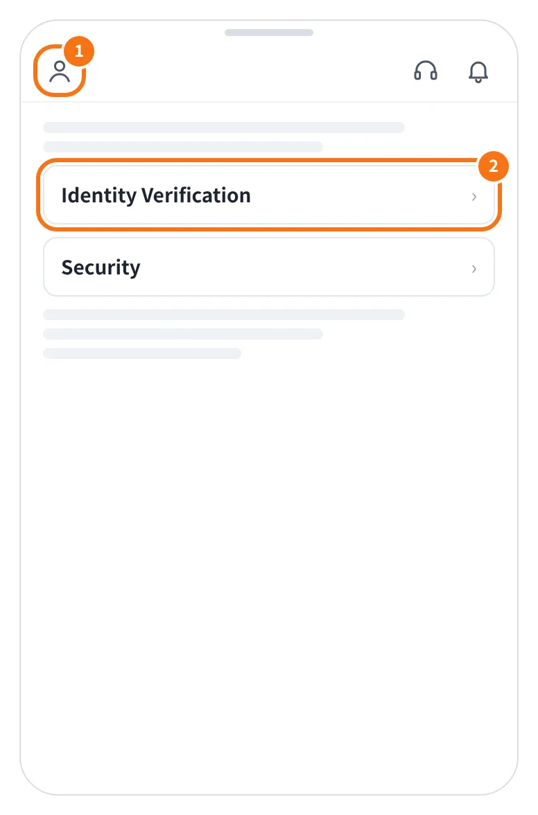 예시 화면: 앱 왼쪽 위 프로필 아이콘을 누른 뒤 Identity Verification 을 누르는 모습