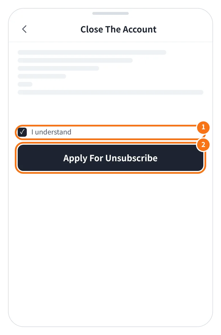 예시 화면: 해지 안내를 읽고 I understand 에 체크한 뒤 Apply For Unsubscribe 를 누르는 모습