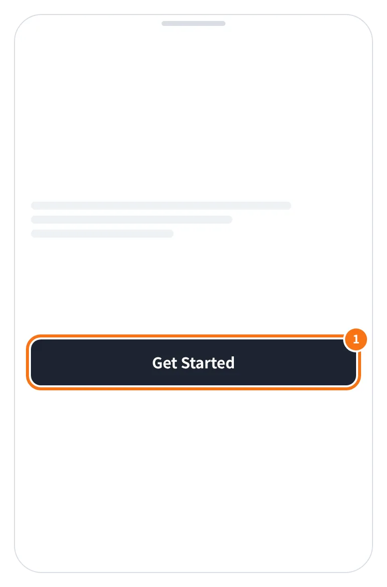 예시 화면: 앱 첫 화면에서 Get Started 를 누르는 모습 (다음 로그인 화면 오른쪽 위에서 Register)