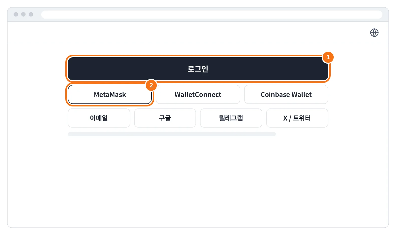예시 화면: 오른쪽 위 로그인을 누른 뒤 메타마스크 같은 지갑을 고르거나 이메일·구글·텔레그램·X 로그인을 고르는 모습