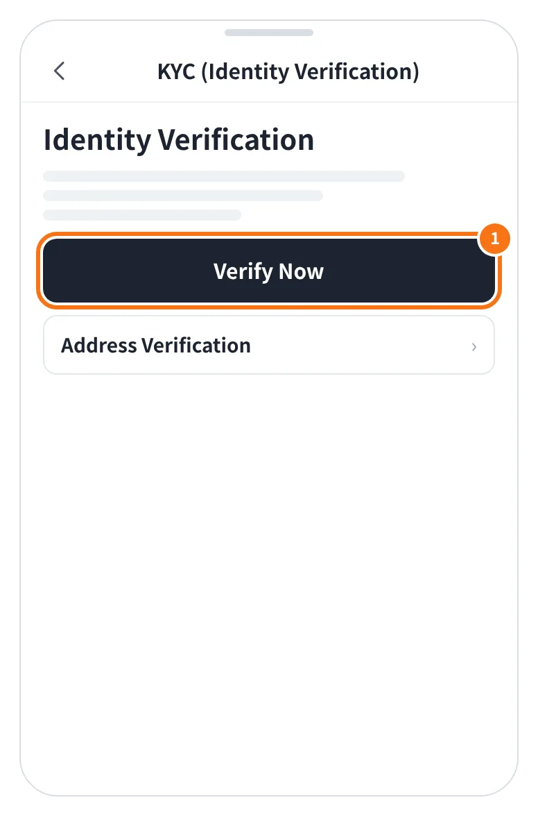 예시 화면: 프로필의 KYC (Identity Verification) 화면에서 Verify Now 를 누르는 모습