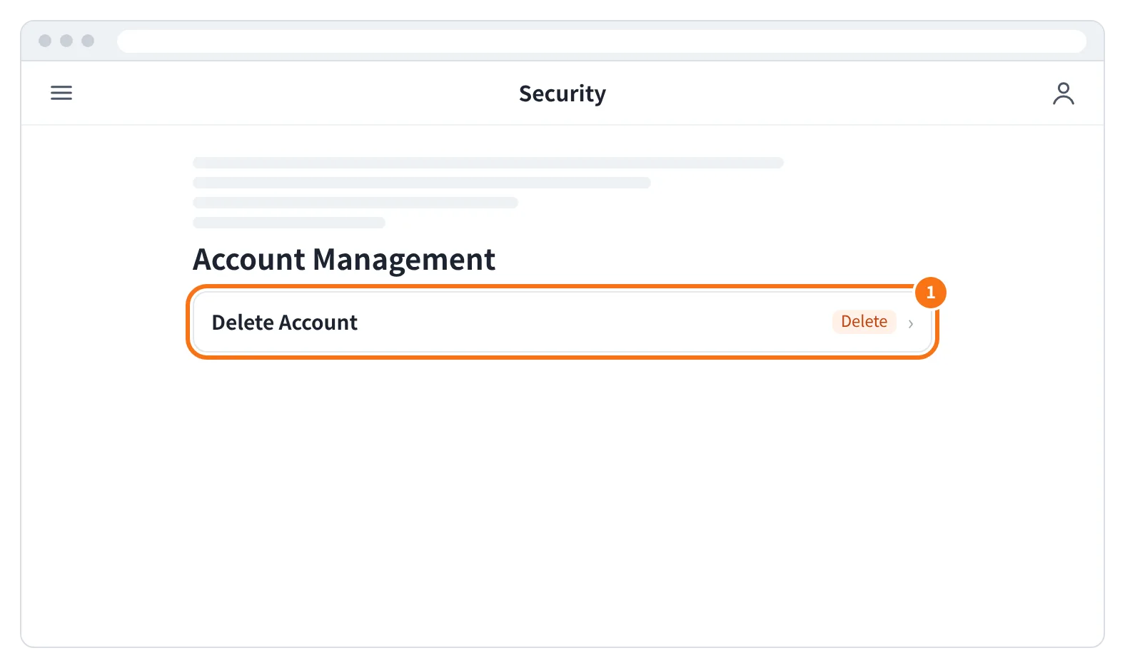 예시 화면: 계정(Account)의 Security 화면 아래쪽 Account Management 에서 Delete Account 옆 Delete 를 누르는 모습