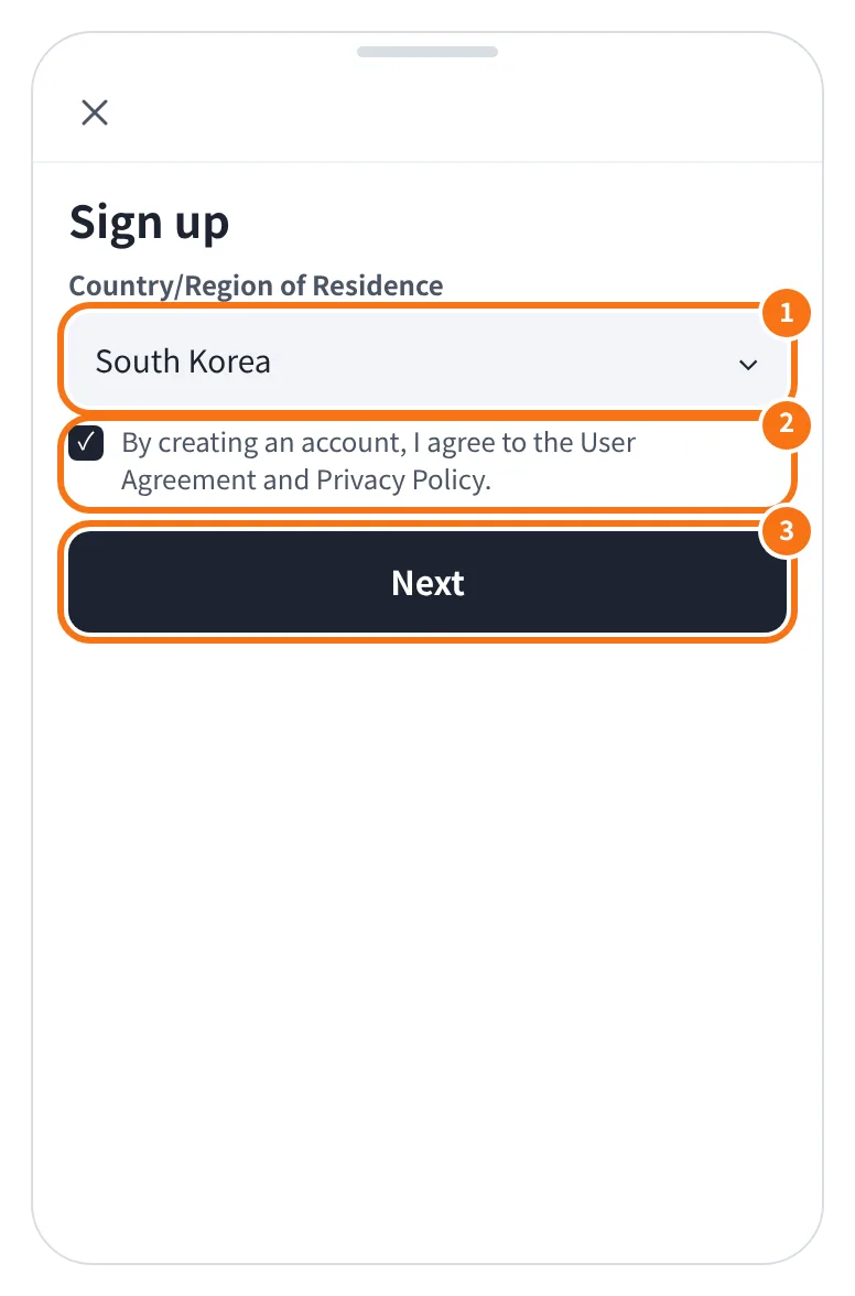 예시 화면: 거주 국가(Country/Region of Residence)를 확인하고 약관에 체크한 뒤 Next 를 누르는 모습