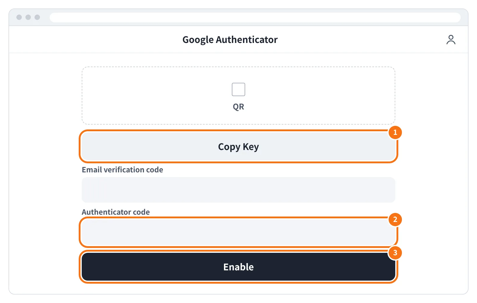 예시 화면: Security Center 에서 Google Authenticator 를 켜는 모습 — 키를 OTP 앱에 넣고 Authenticator code 칸에 6자리를 넣은 뒤 Enable 을 누른다