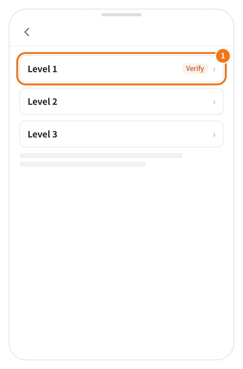 예시 화면: 프로필의 Unverified 를 눌러 들어간 인증 화면에서 Level 1 오른쪽 Verify 를 누르는 모습