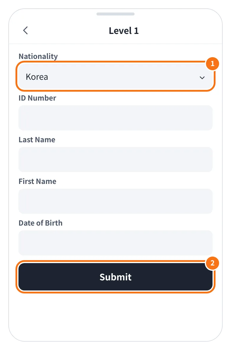 예시 화면: Level 1 에서 국적을 Korea 로 고르고 신분증 번호·성·이름·생년월일을 넣은 뒤 Submit 을 누르는 모습