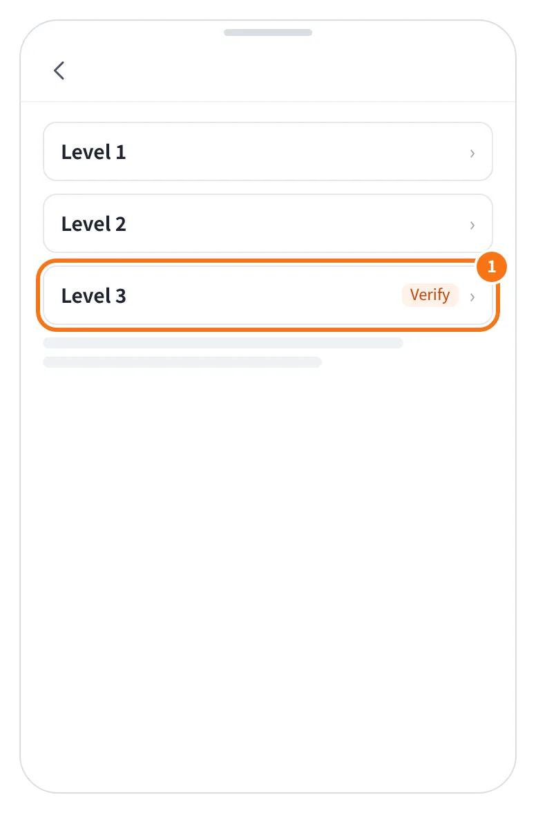 예시 화면: 프로필의 Unverified 를 눌러 들어간 인증 화면에서, 1·2단계를 마친 뒤 Level 3 오른쪽 Verify 를 누르는 모습