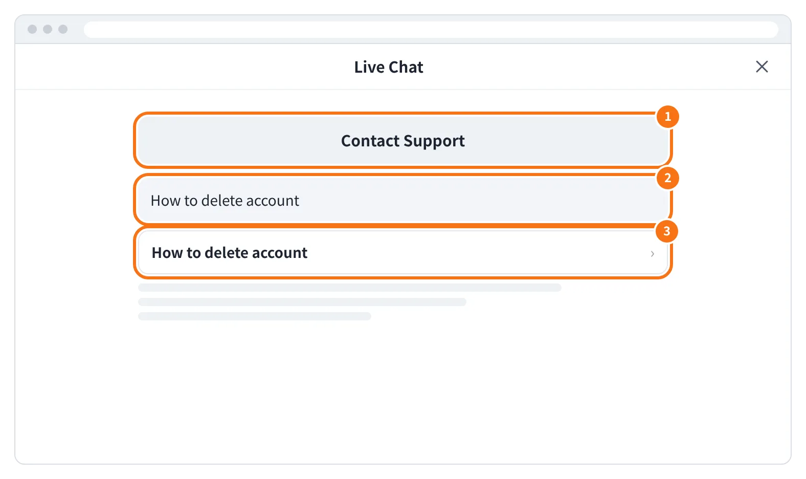 예시 화면: 오른쪽 아래 고객센터 채팅을 열어 Contact Support 를 누르고, How to delete account 를 보낸 뒤 나온 같은 이름의 항목을 누르는 모습
