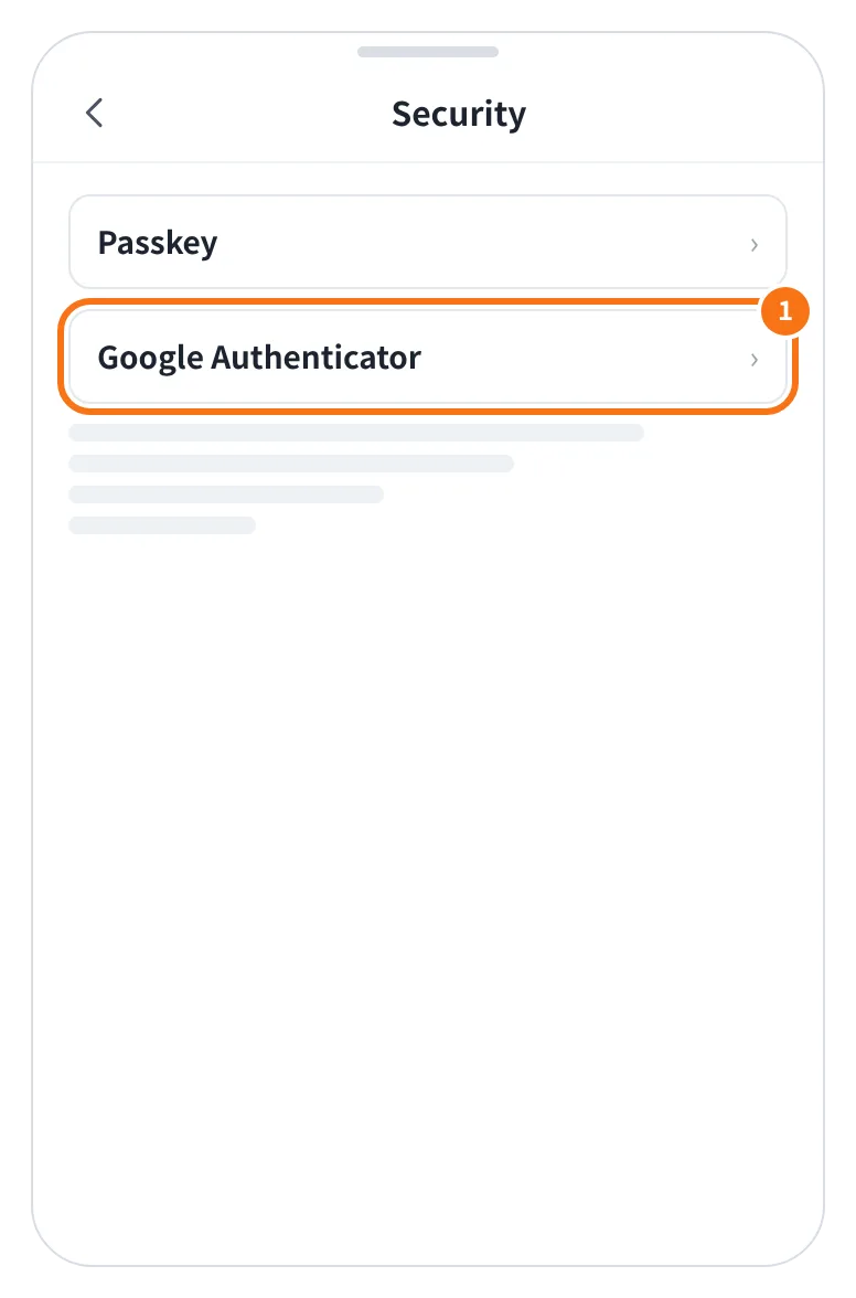 예시 화면: 설정(톱니바퀴) 안 Security 화면에서 Google Authenticator 를 누르는 모습