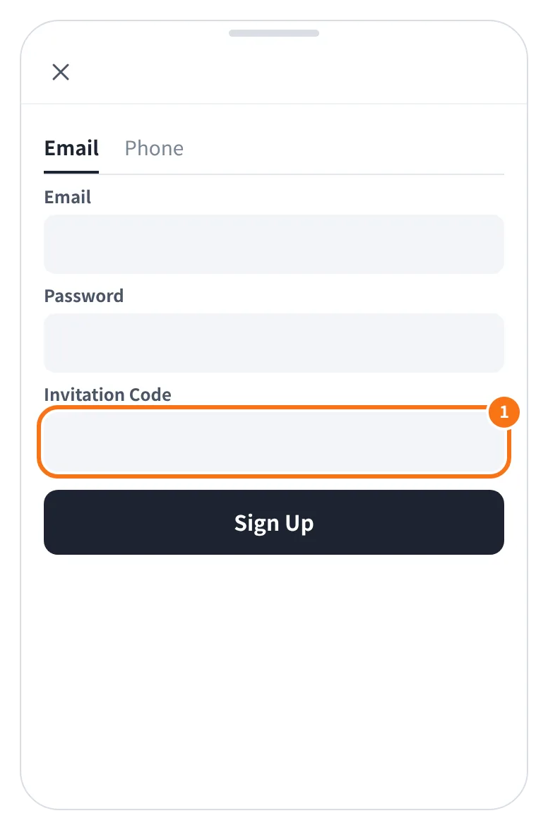 예시 화면: 가입 화면의 Invitation Code 칸 — 가입 버튼을 누르기 전에 코드를 확인한다