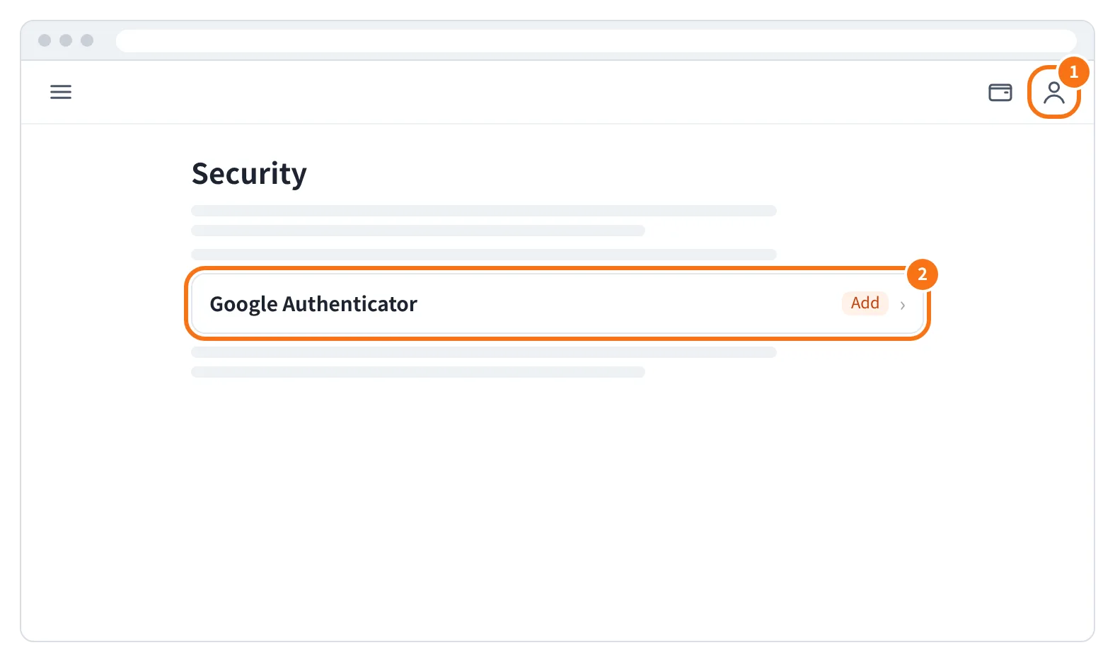 예시 화면: 오른쪽 위 프로필 아이콘에서 Security 를 열고, Google Authenticator 옆 Add 를 누르는 모습