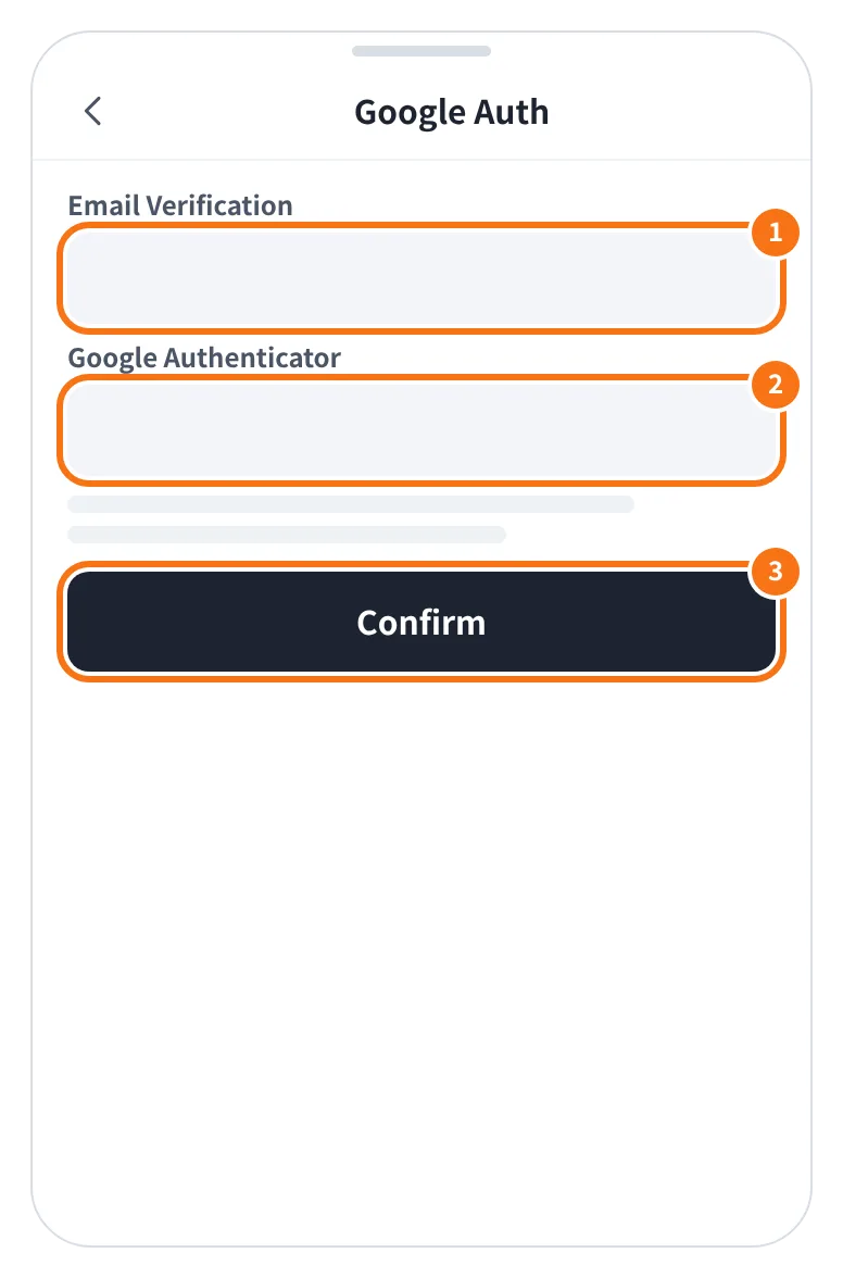 예시 화면: OTP 앱에 설정 키를 등록한 뒤 이메일 인증 코드와 Google Authenticator 코드를 넣고 Confirm 을 누르는 모습