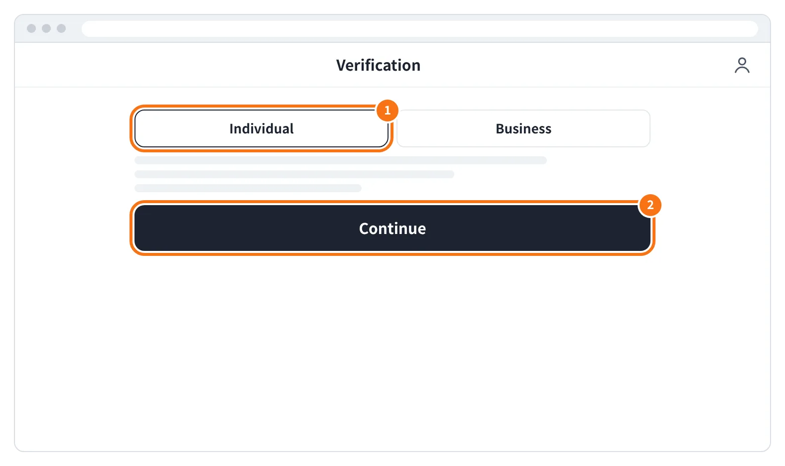 예시 화면: Verification 화면에서 Individual 을 고르고 Continue 를 누르는 모습