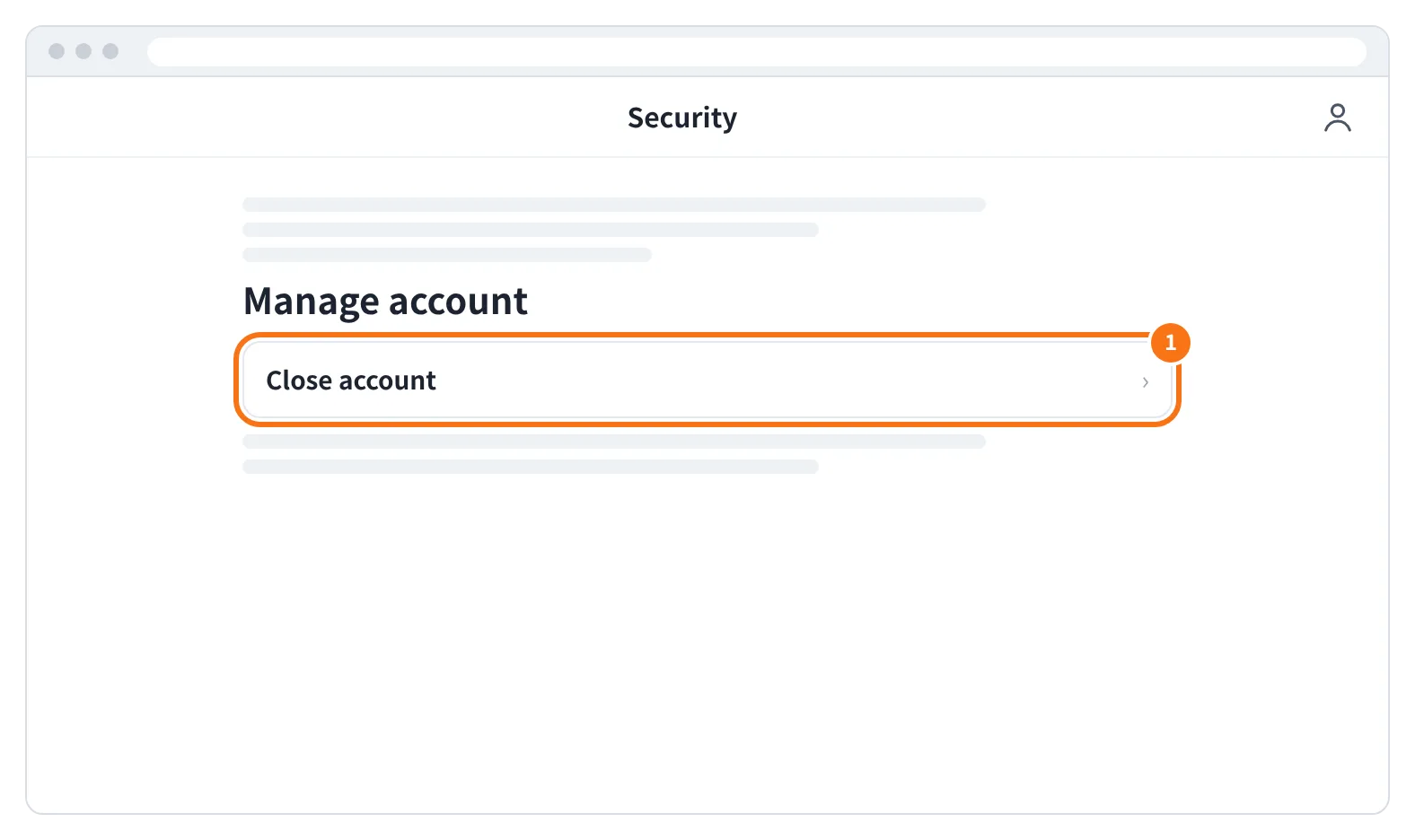 예시 화면: Security 화면 맨 아래 Manage account 에서 Close account 를 누르는 모습