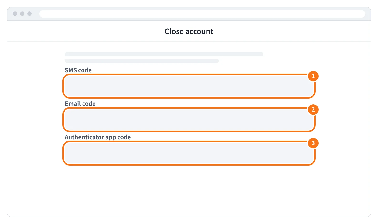 예시 화면: 남은 자산을 확인한 뒤 SMS code·Email code·Authenticator app code 칸에 인증번호를 차례로 넣는 모습