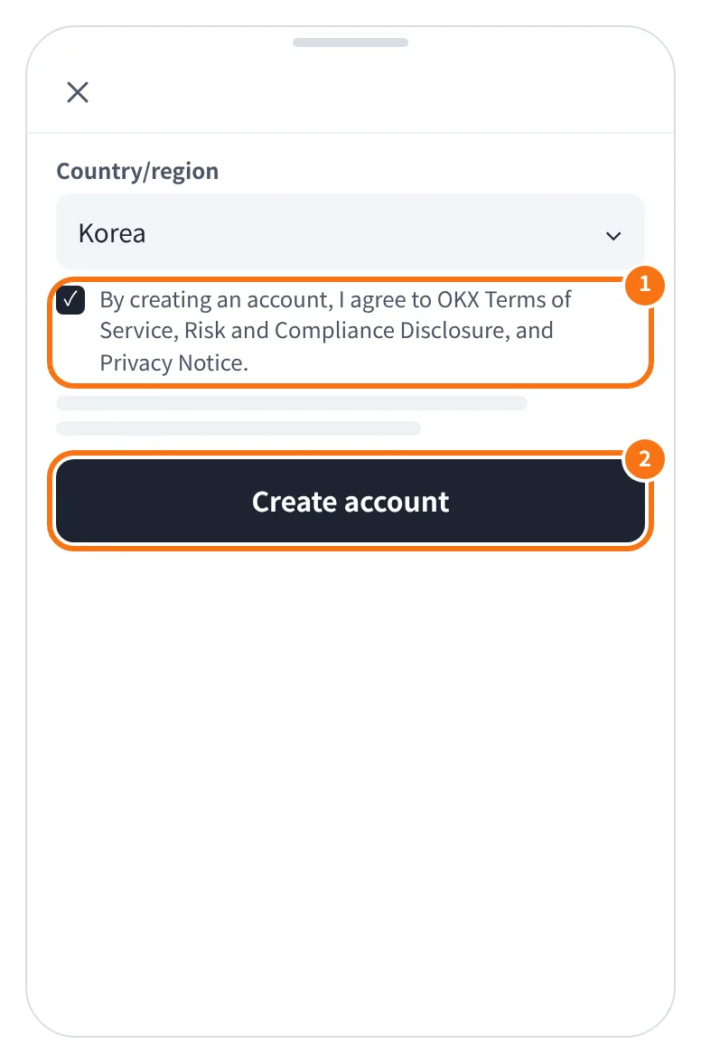 예시 화면: 거주 국가/지역이 Korea 인지 확인하고 약관에 체크한 뒤 Create account 를 누르는 모습