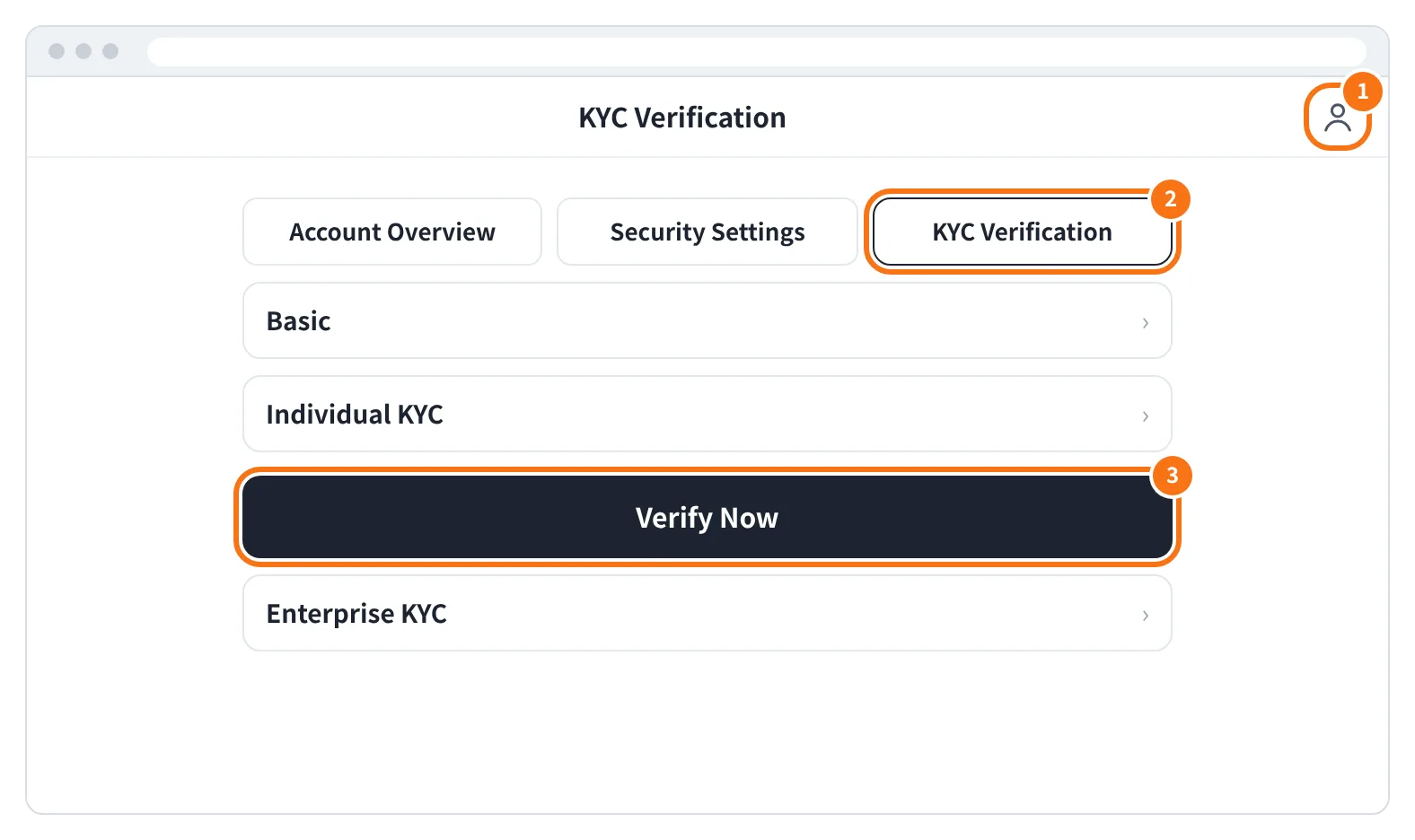 예시 화면: 오른쪽 위 프로필 아이콘을 누르고 KYC Verification 에서 Individual KYC 의 Verify Now 를 누르는 모습