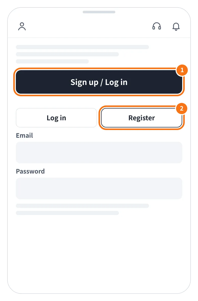 예시 화면: 앱 첫 화면에서 Sign up / Log in 을 누른 뒤 Register 를 고르는 모습