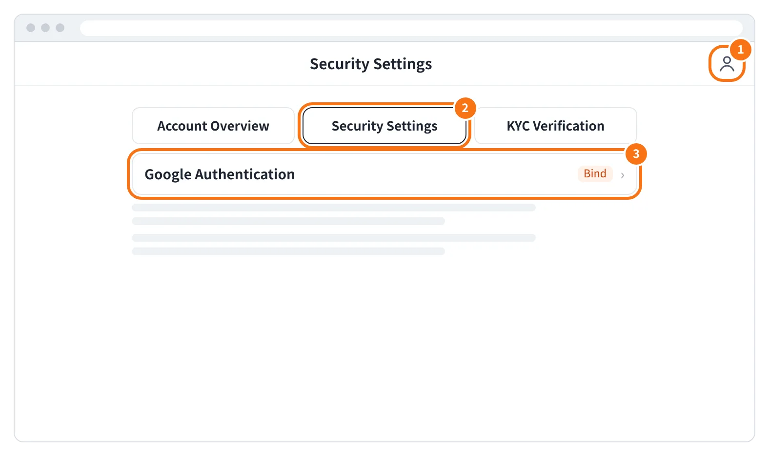 예시 화면: 오른쪽 위 My Account 를 누르고 Security Settings 에서 Google Authentication 의 Bind 를 누르는 모습