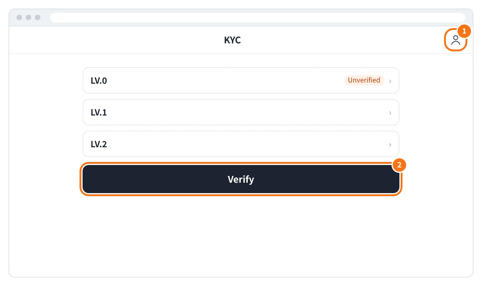 예시 화면: 계정 메뉴의 KYC 화면에서 Verify 를 누르는 모습