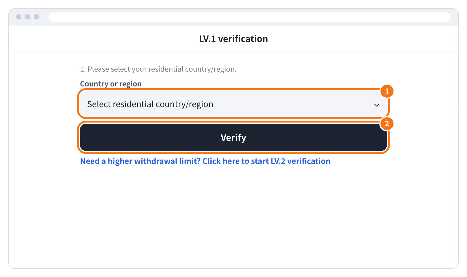 예시 화면: LV.1 인증 화면에서 Select residential country/region 칸에 거주 국가를 고르는 모습