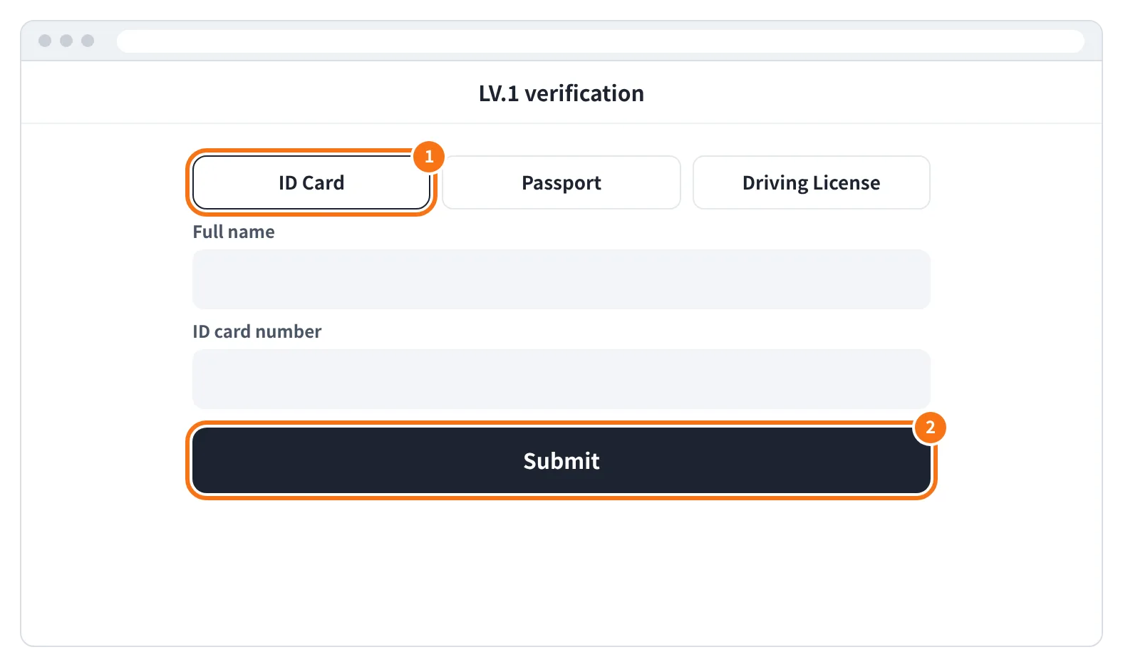 예시 화면: 신분증 종류를 고르고 Full name 과 ID card number 를 넣은 뒤 Submit 을 누르는 모습