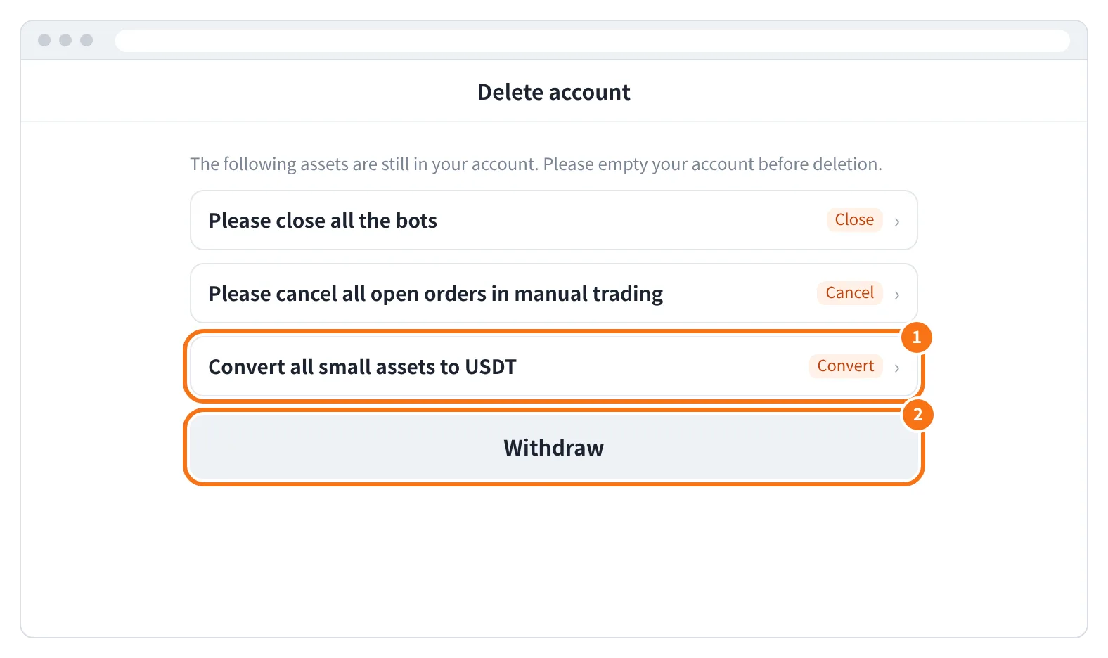 예시 화면: 탈퇴 전 자산 확인 화면에서 소액 자산을 Convert 로 USDT 로 바꾸고 Withdraw 로 출금하는 모습